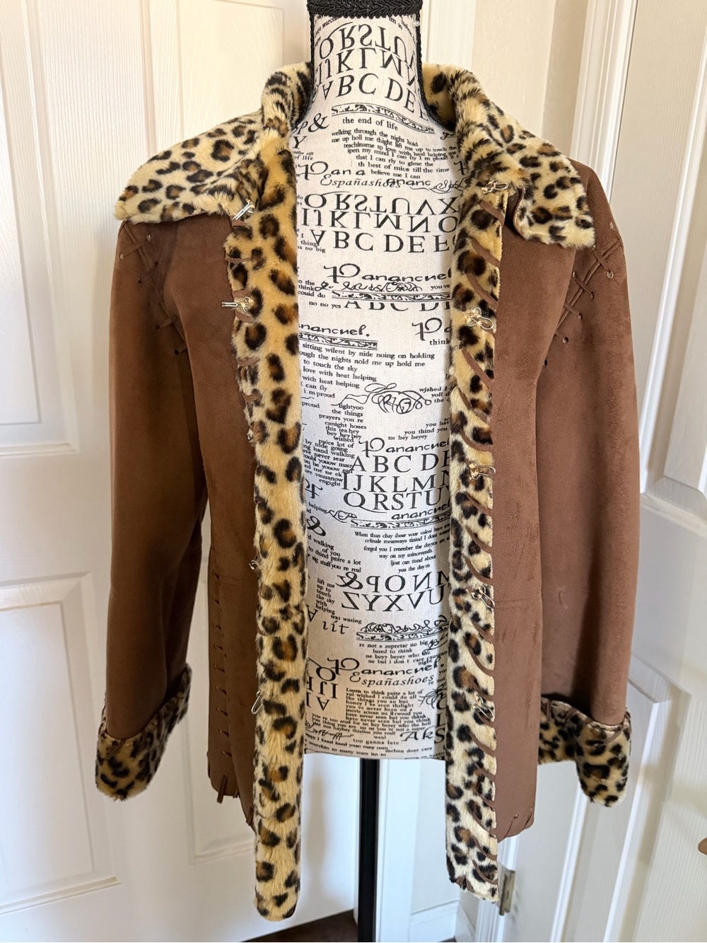Brown Faux-Suede Coat with Leopard Trim